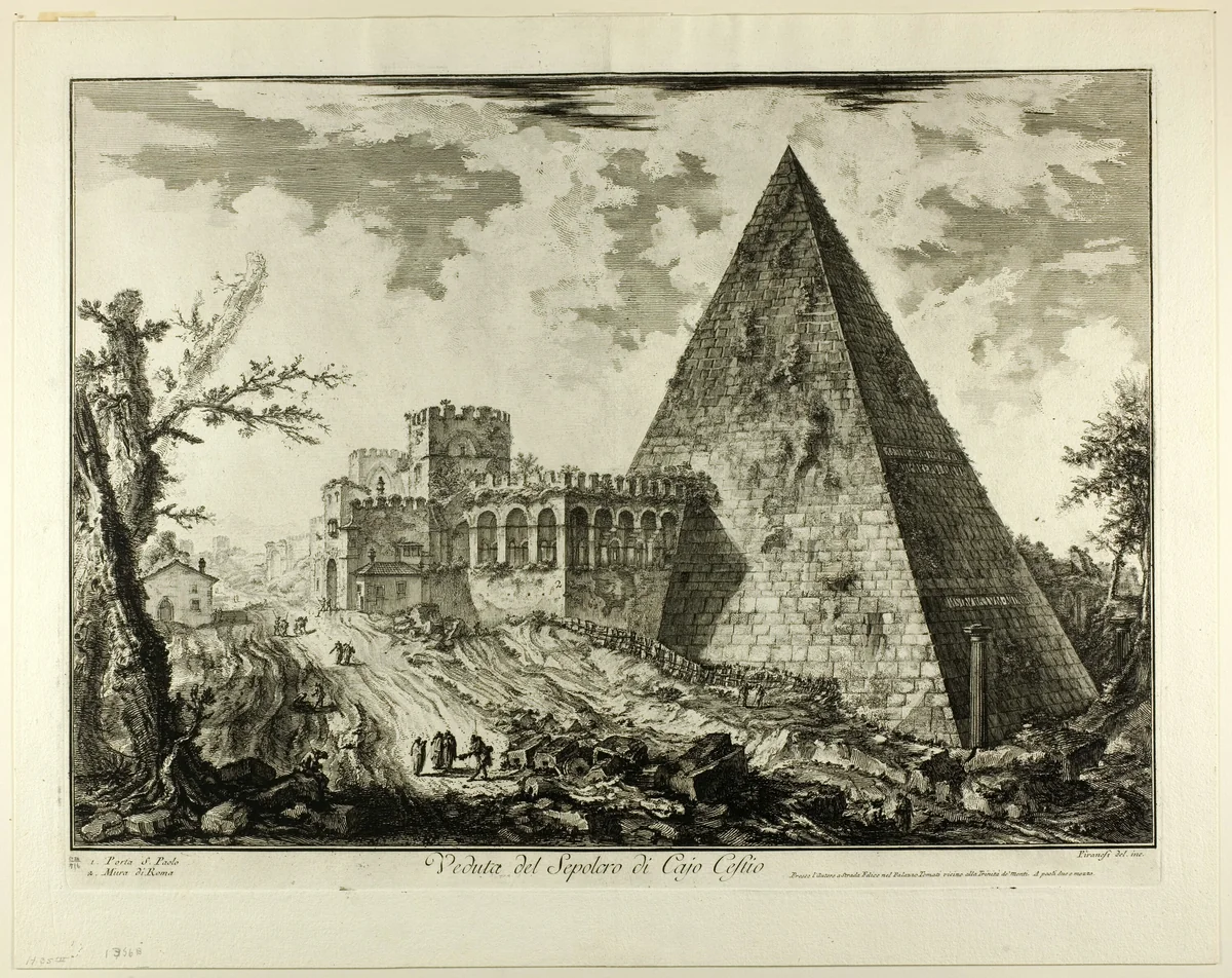 View of the Pyramidal Tomb of Cestius, from Views of Rome by Giovanni Battista Piranesi, print, 1750-1759