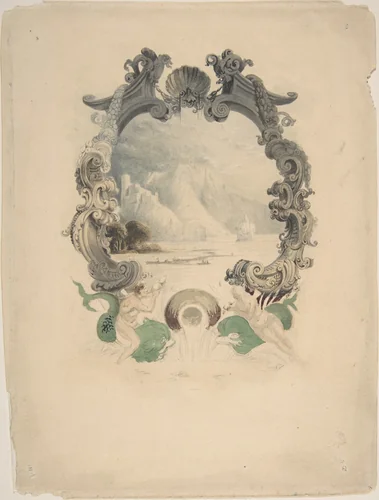 Ornamental marine cartouche by anonymous, drawing, 1800-1900