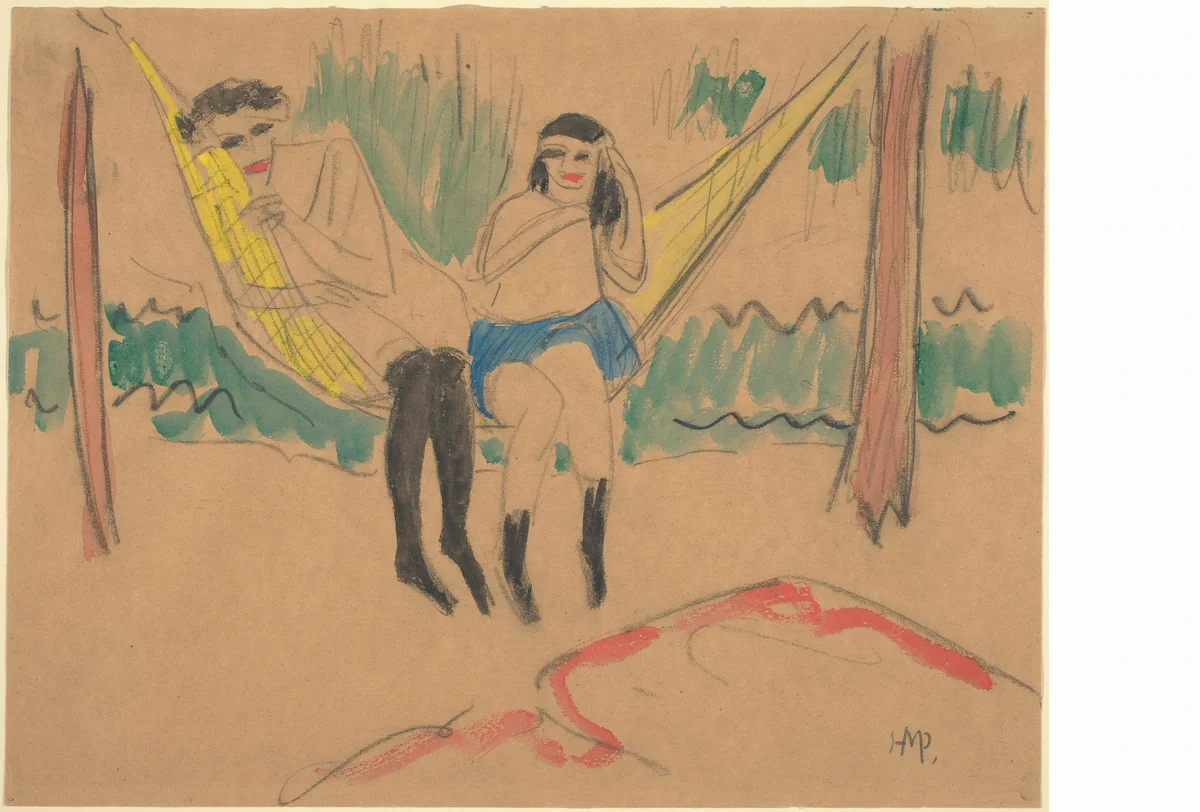 Franzi and Her Sister in a Hammock by Max Pechstein, drawing, 1910