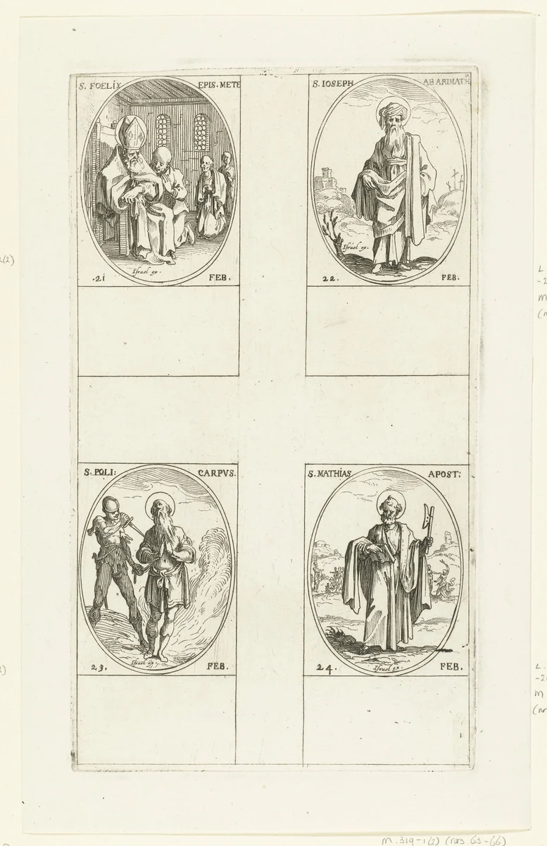 Heilige Felix van Metz, Heilige Jozef van Arimathea, Heilige Polycarpus, Heilige Matthias (21-24 februari) by Jacques Callot, print, 1632-1636