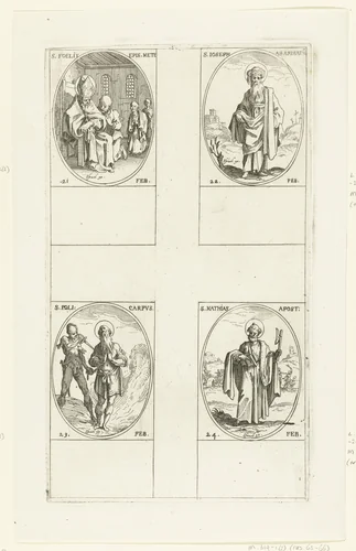 Heilige Felix van Metz, Heilige Jozef van Arimathea, Heilige Polycarpus, Heilige Matthias (21-24 februari) by Jacques Callot, print, 1632-1636
