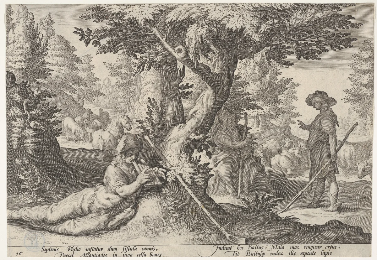 Mercury and Battus by Robert Willemsz. de Baudous, print, 1565-1750