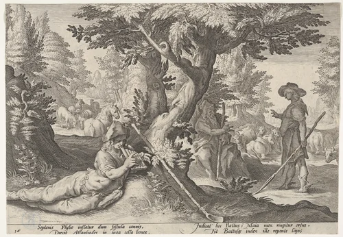 Mercury and Battus by Robert Willemsz. de Baudous, print, 1565-1750