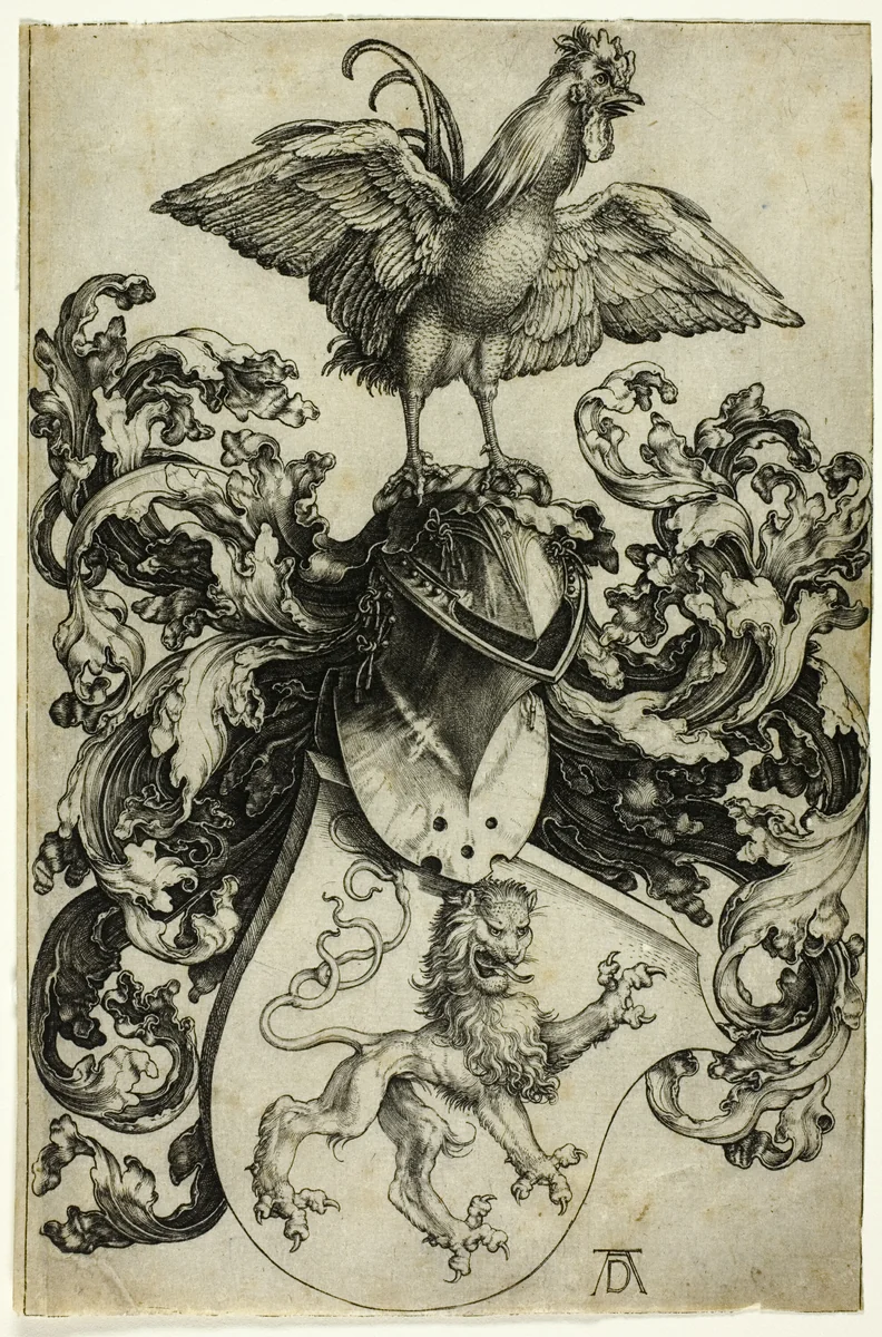 Coat of Arms with Lion and Rooster by Albrecht Dürer, print, 1503