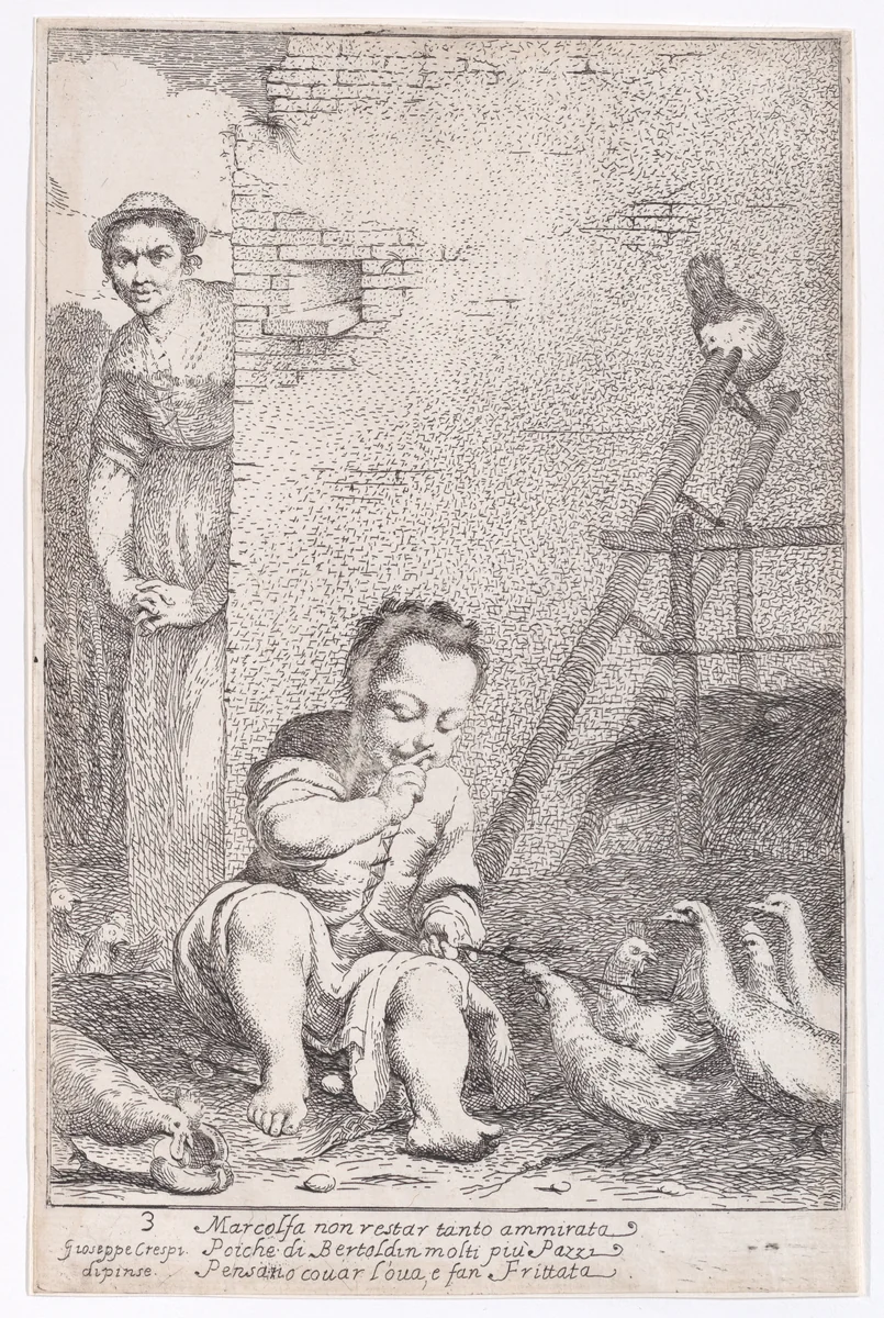 Plate 9: Marcolfa finds Bertoldino hatching eggs, from "Bertoldo, Bertoldino, and Cacasenno" by Giuseppe Maria Crespi, print, 1705-1715