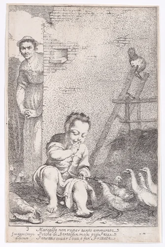 Plate 9: Marcolfa finds Bertoldino hatching eggs, from "Bertoldo, Bertoldino, and Cacasenno" by Giuseppe Maria Crespi, print, 1705-1715