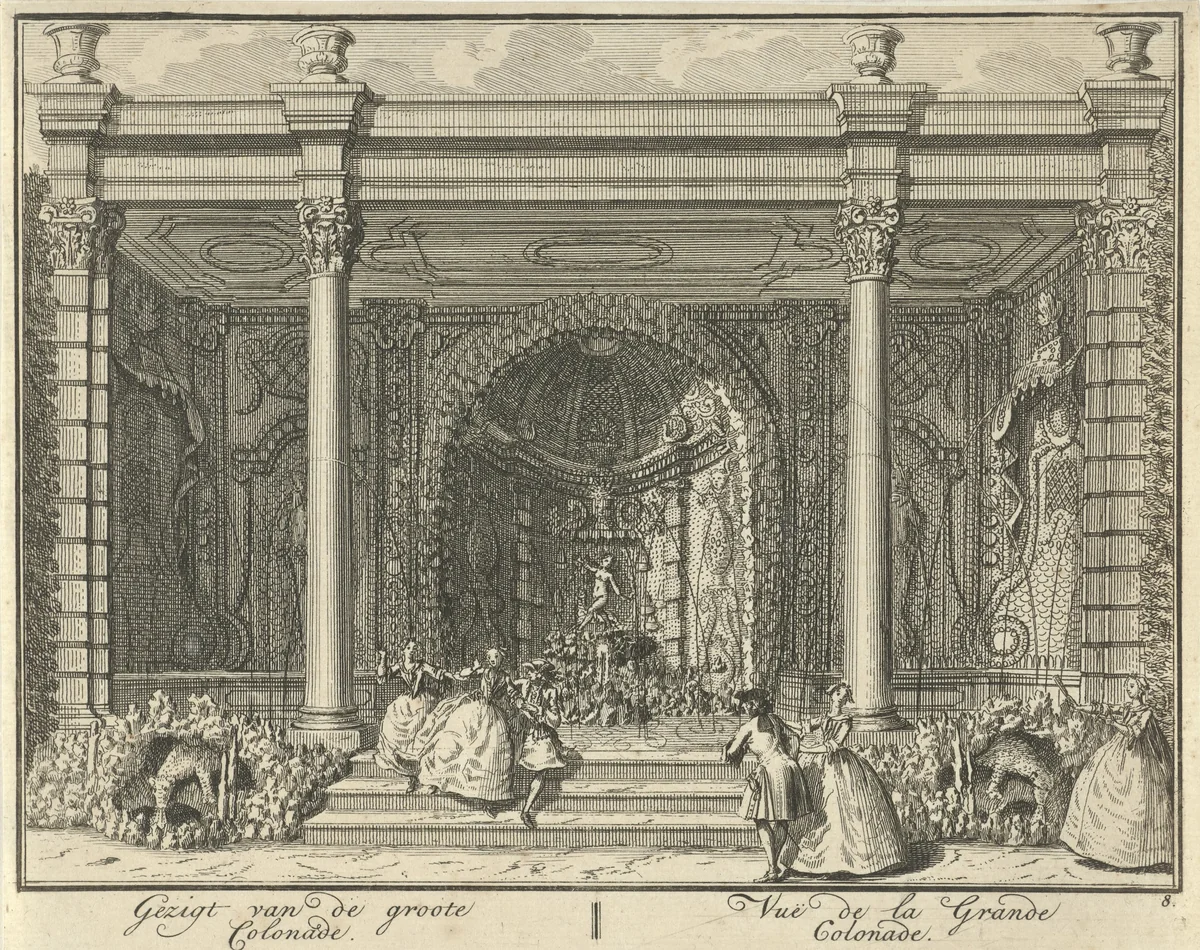 Colonnade in de tuin van Huis ter Meer te Maarssen by Hendrik de Leth, print, 1740
