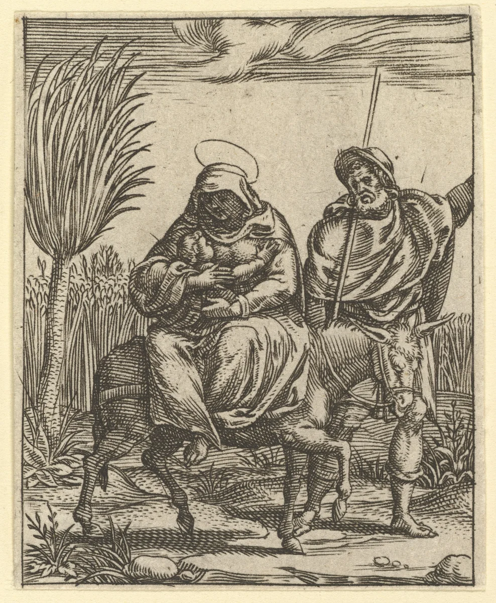 The Virgin of Sorrows: The Flight into Egypt; one of nine surrounding compartments from the Virgin of Sorrows, now separated by Giorgio Ghisi, print, 1520-1582