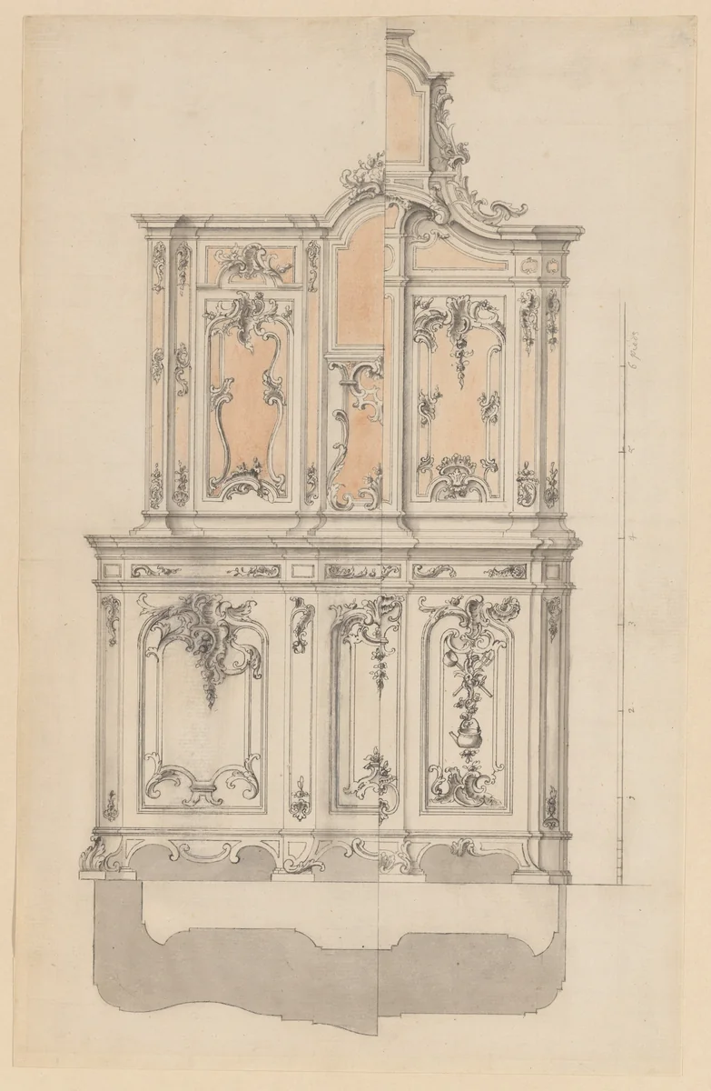 Design for a Cabinet with an Alternative for the Right Side by anonymous, drawing, 1730-1760