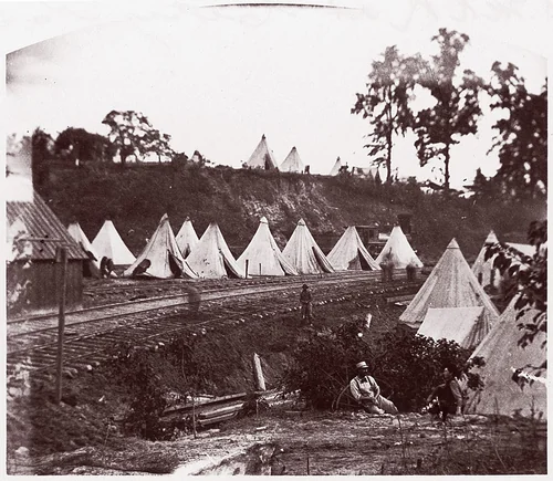 Camp of Construction Corps, U.S. Military Railroad at City Point by Andrew Joseph Russell, photograph, 1861-1865