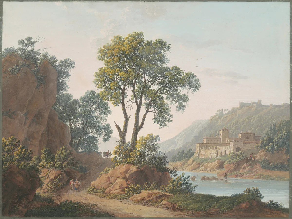 River Landscape with Castles and Travelers by Louis-Albert-Guillain Bacler d'Albe, drawing, 1817
