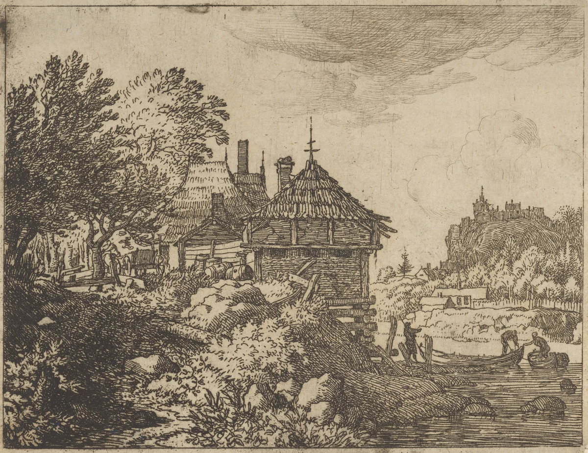 The Two Boats Approach a Hut by Allart van Everdingen, print, 1621-1675