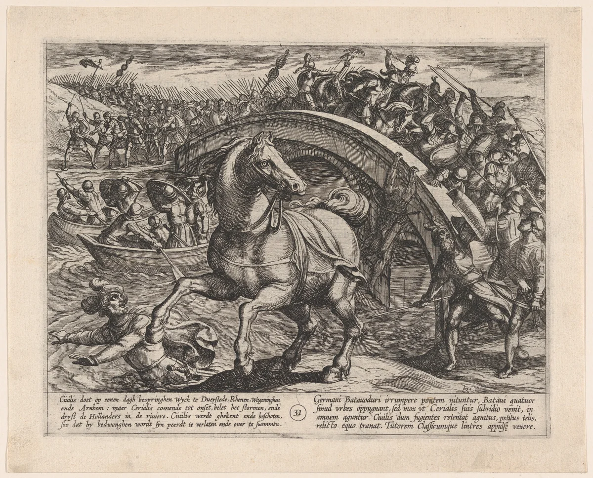 Plate 31: Civilis Forced to Dismount and Swim Across the River, from The War of the Romans Against the Batavians by Antonio Tempesta, print, 1611