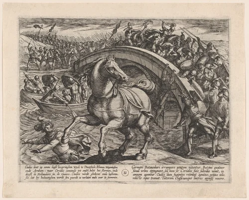 Plate 31: Civilis Forced to Dismount and Swim Across the River, from The War of the Romans Against the Batavians by Antonio Tempesta, print, 1611