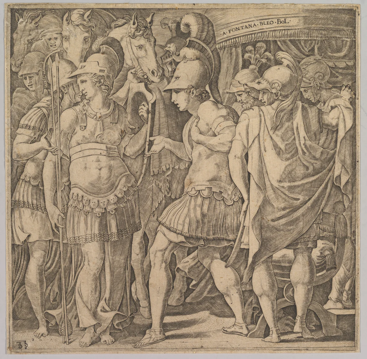 Alexander welcoming Thalestris and the Amazons by Master FG, print, 1525-1575
