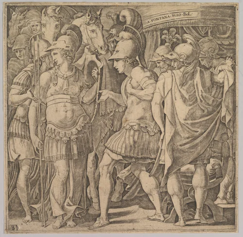 Alexander welcoming Thalestris and the Amazons by Master FG, print, 1525-1575