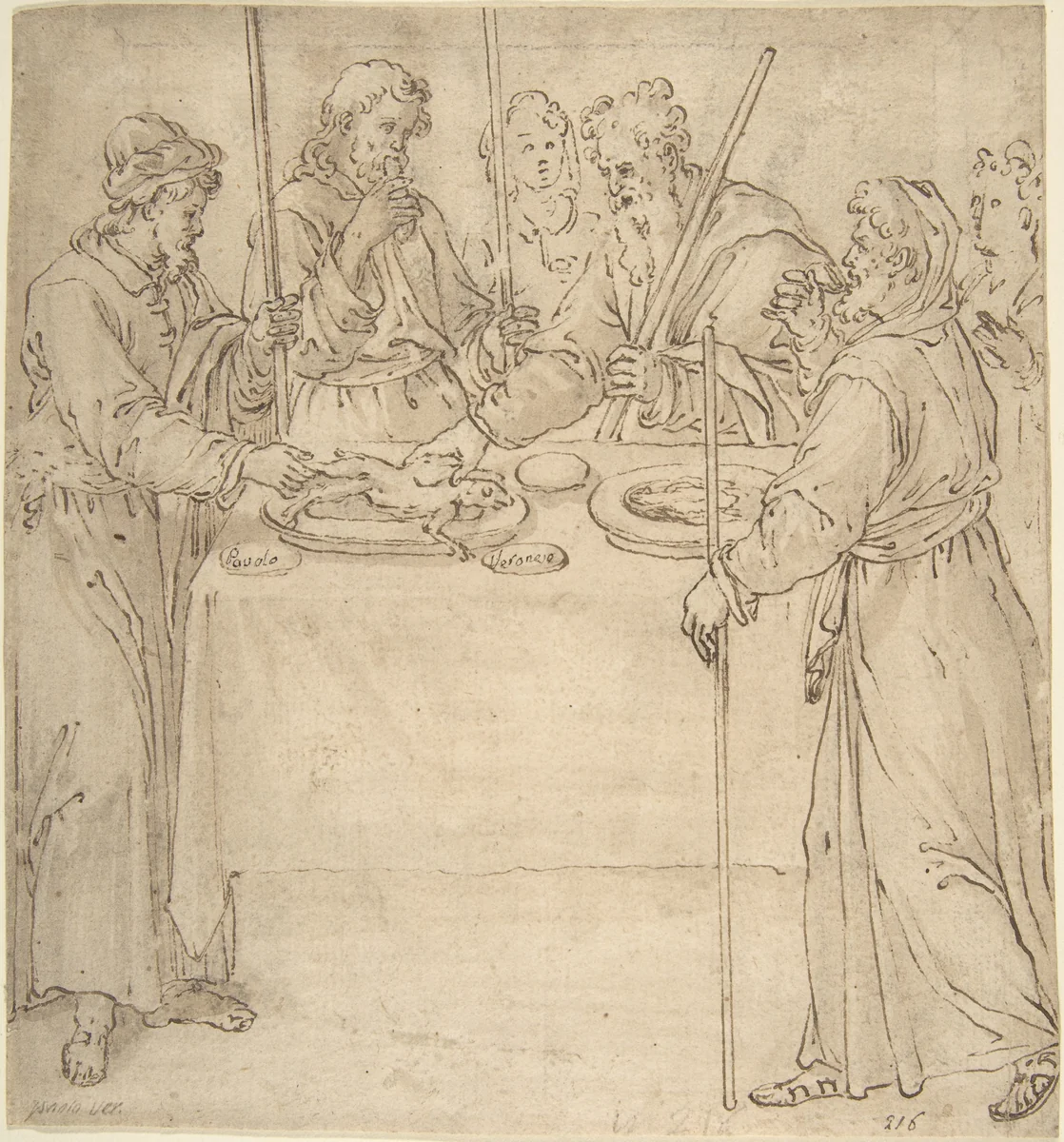 Four Travelers Sharing a Meal? by anonymous, drawing, 1525-1575