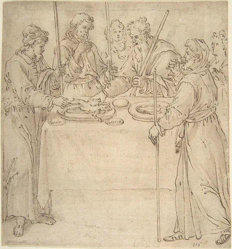Four Travelers Sharing a Meal? by anonymous, drawing, 1525-1575