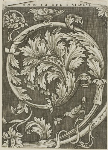 Foliage Ornament from Ancient Roman Church by Agostino dei Musi, print, 1525-1540