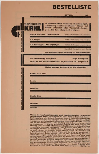 Samenhaus Kahl Bestelliste by Robert Michel, design, 1924