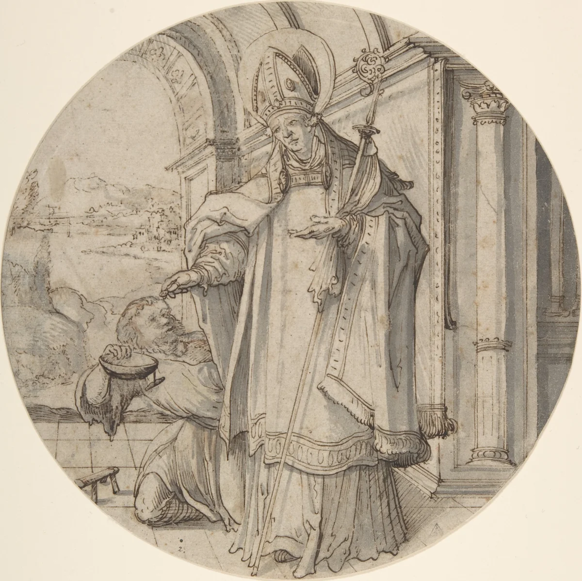 Saintly Prelate Distributing Alms by Christoph Amberger, drawing, 1505-1562