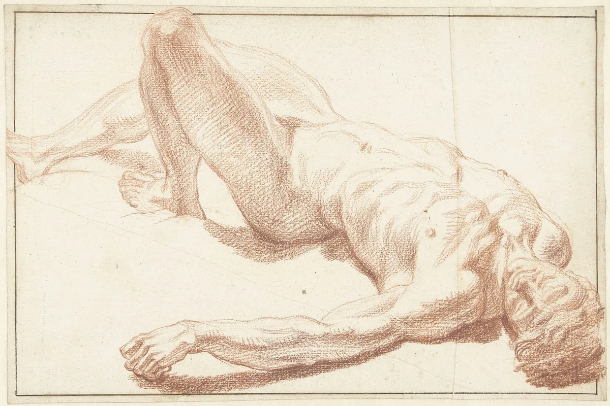 Studie van mannelijk naakt, liggend op de rug, met gestrekt been by Louis Fabritius Dubourg, drawing, 1703-1775