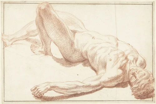 Studie van mannelijk naakt, liggend op de rug, met gestrekt been by Louis Fabritius Dubourg, drawing, 1703-1775