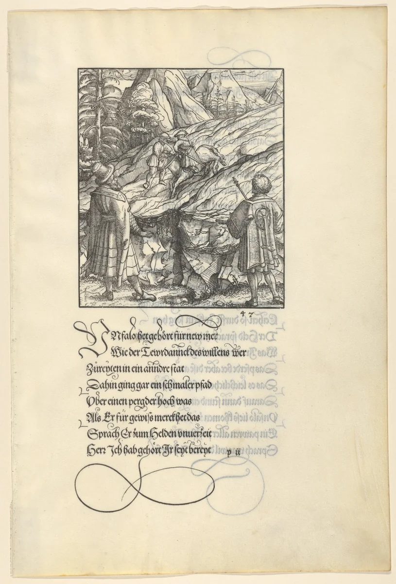 Theuerdarnk's Horse Falls Under Him, from [Theuerdank] Die geuerlicheiten vnd einsteils der geschichten des loblichen streytparen vnd hochberümbten helds vnd Ritters herr Tewrdannckhs by Hans Burgkmair, print, 1517