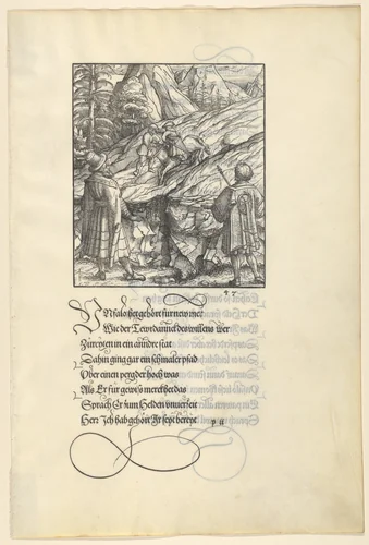 Theuerdarnk's Horse Falls Under Him, from [Theuerdank] Die geuerlicheiten vnd einsteils der geschichten des loblichen streytparen vnd hochberümbten helds vnd Ritters herr Tewrdannckhs by Hans Burgkmair, print, 1517