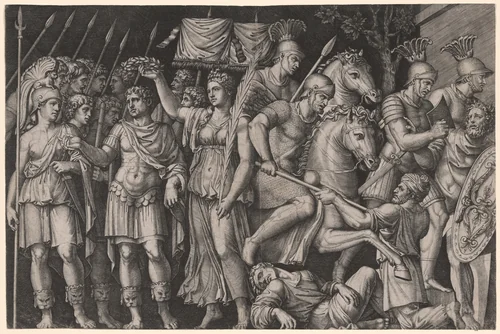 Trajan Crowned by Victory by Marcantonio Raimondi, print, 1520-1525