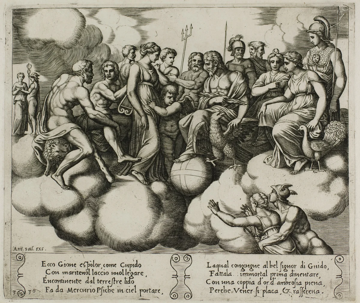 Venus and Cupid Pleading Their Cause in the Presence of Jupiter and Other Gods by Raffaello Sanzio, print, 1530-1540