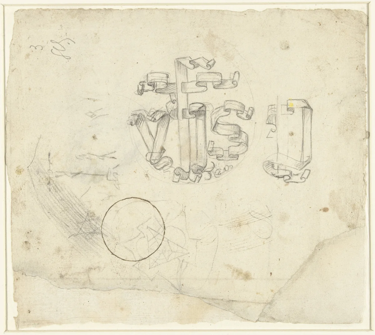 Christusmonogram op een studieblad by anonymous, drawing, 1500-1520