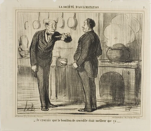 “- I actually thought a crocodile soup would taste better than that,” plate 7 from La Sopciété D'acclimatation by Honoré-Victorin Daumier, print, 1858