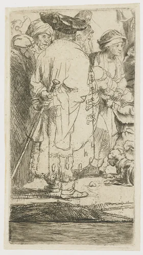 The Hundred Guilder Print: the man seen on the back in the lower left corner by Rembrandt van Rijn, print, 1775-1800