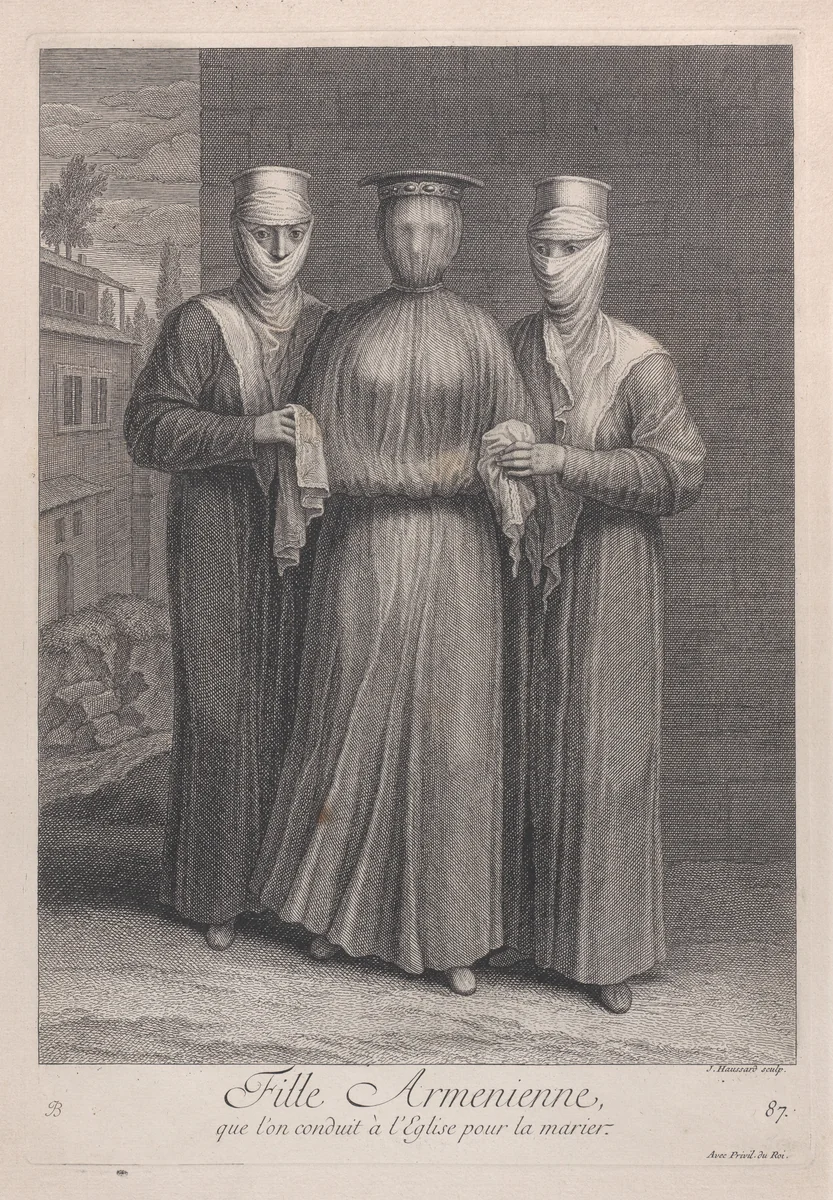 Fille Armenienne, que l'on conduit à l'Eglise pour la marier, plate 87 from "Recueil de cent estampes représentent differentes nations du Levant" by Jean Baptiste Vanmour, print, 1714-1715