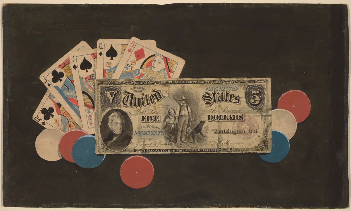 Trompe l'Oeil: A Full House with Chips and a $5 Bill by American 19th Century, drawing, 1890-1900