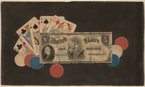 Trompe l'Oeil: A Full House with Chips and a $5 Bill by American 19th Century, drawing, 1890-1900