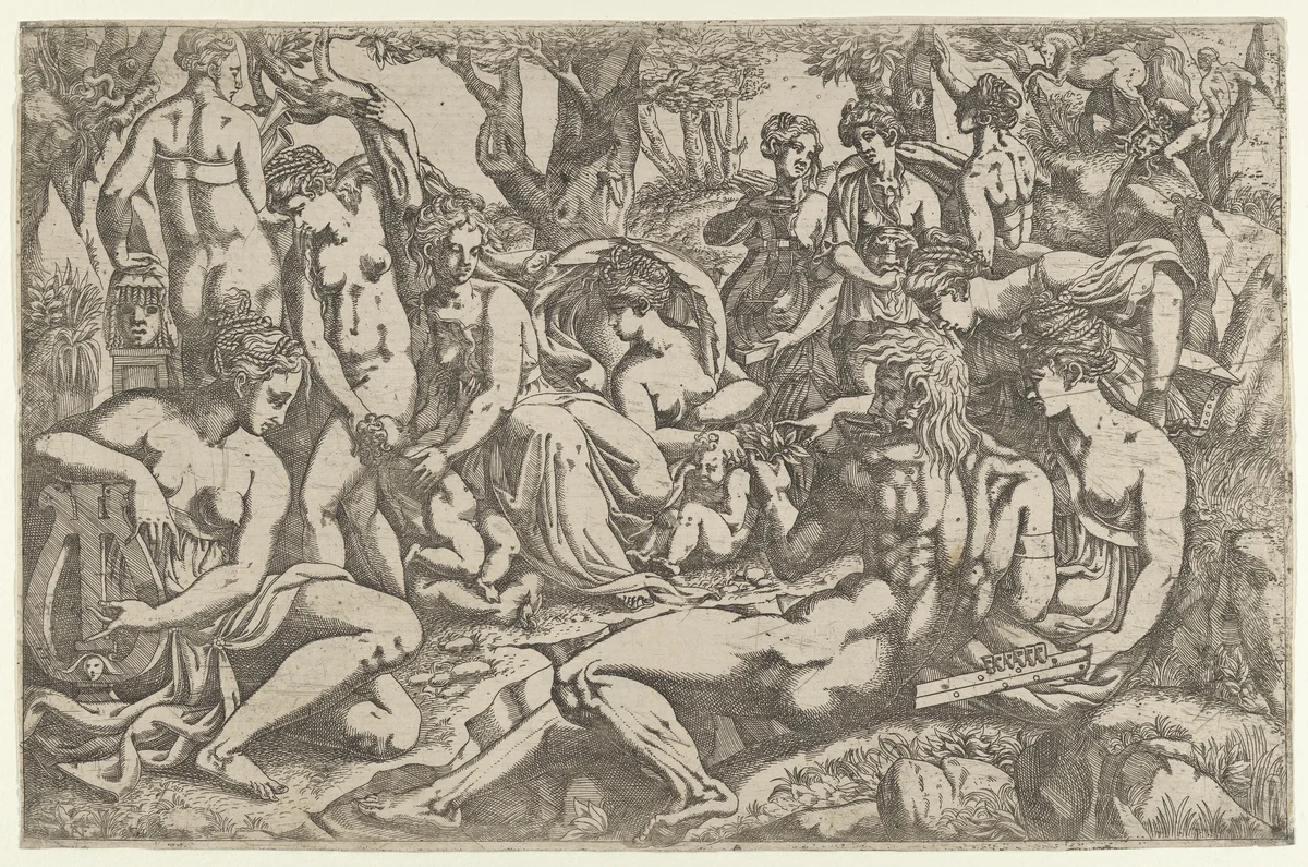Muses at the Foot of Mount Parnassus by Antonio Fantuzzi, print, 1540-1545