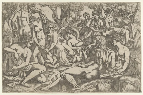 Muses at the Foot of Mount Parnassus by Antonio Fantuzzi, print, 1540-1545