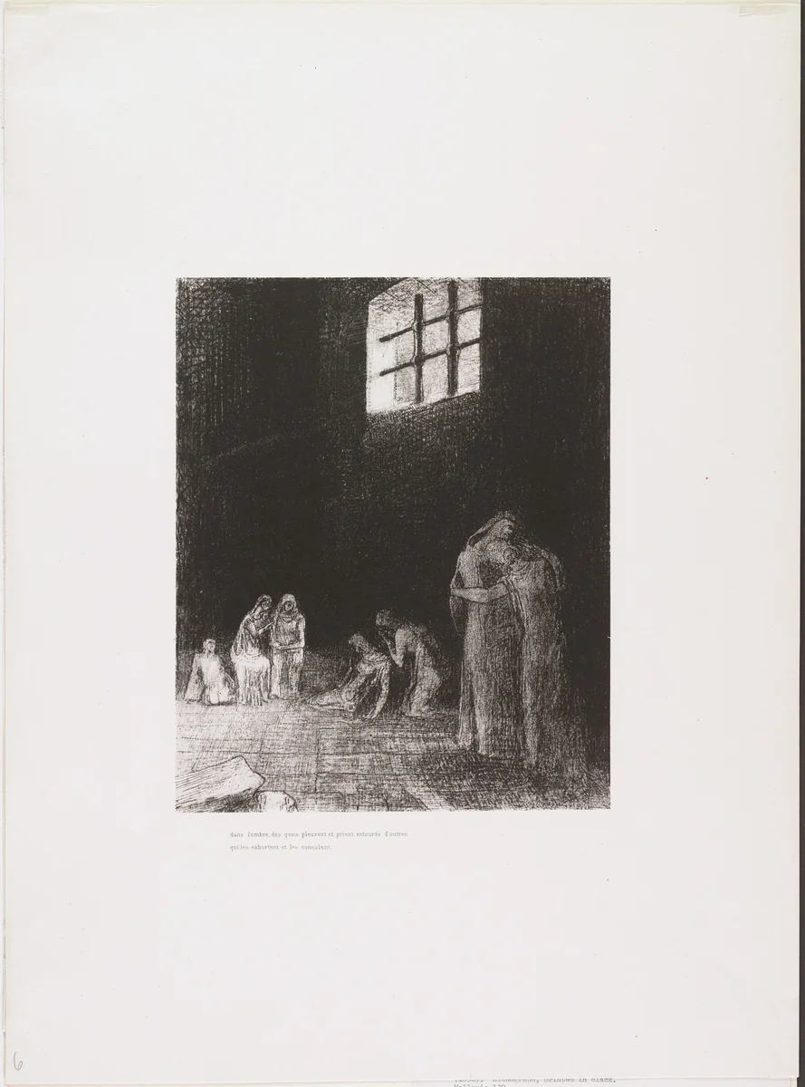 In the Shadows Are People, Weeping and Praying, Surrounded by Others Who Are Exhorting Them . . . (Dans l'ombre des gens pleurent et prient entourés d'autres qui les exhortent . . .) from The Temptation of Saint Anthony (La Tentation de Saint-Antoine) by Odilon Redon, print, 1896