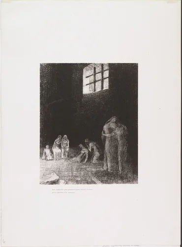 In the Shadows Are People, Weeping and Praying, Surrounded by Others Who Are Exhorting Them . . . (Dans l'ombre des gens pleurent et prient entourés d'autres qui les exhortent . . .) from The Temptation of Saint Anthony (La Tentation de Saint-Antoine) by Odilon Redon, print, 1896