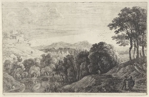 Landschap met zonsondergang by Herman van Swanevelt, print, 1653-1655