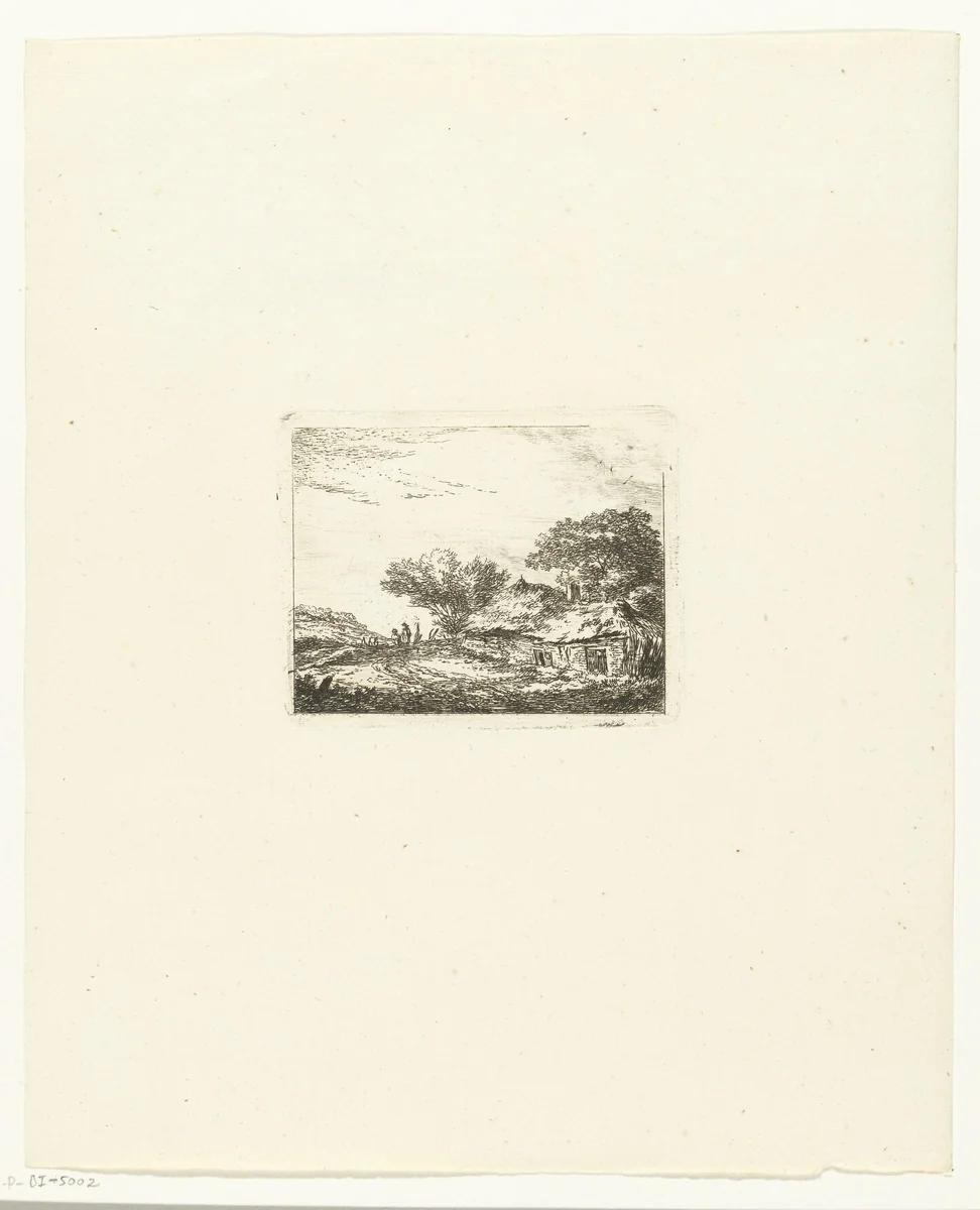 Landschap met twee wandelaars bij een hutje by Hermanus van Brussel, print, 1800-1815