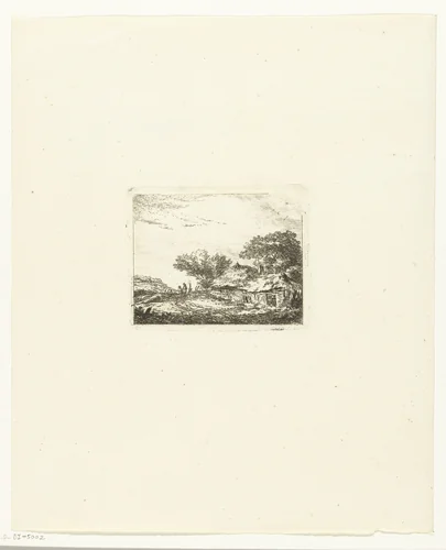 Landschap met twee wandelaars bij een hutje by Hermanus van Brussel, print, 1800-1815