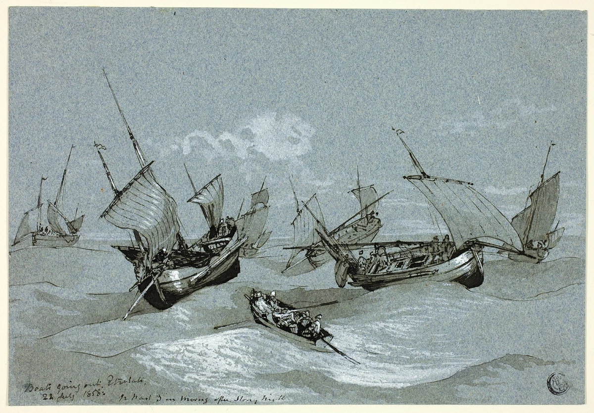 Boats Going Out, Entretat by Clarkson Stanfield, drawing, 1858