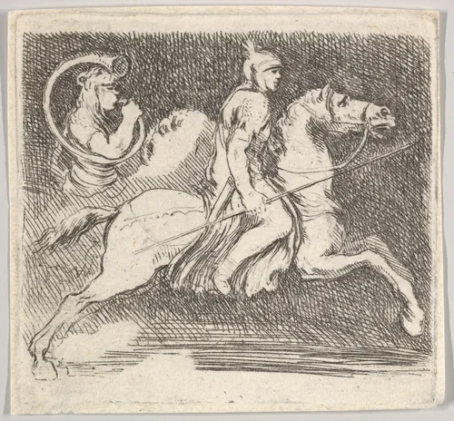 A soldier in profile galloping to the right holding a lance in his right hand, followed by another horseman behind, plate 20 from "Various figures and doodles" (Diverses figures et griffonnemens) by Stefano della Bella, print, 1643-1648