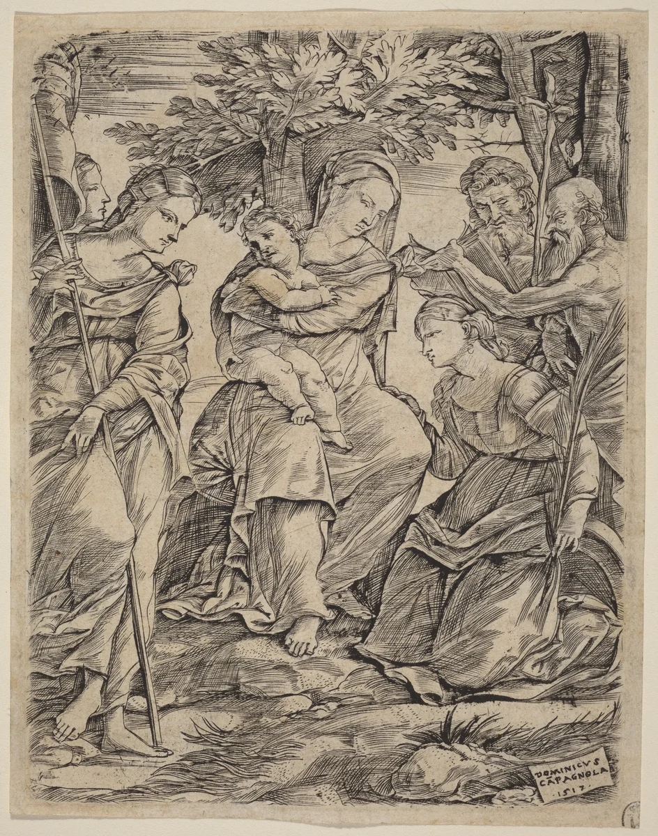 The Virgin and Child with Saints by Domenico Campagnola, print, 1517