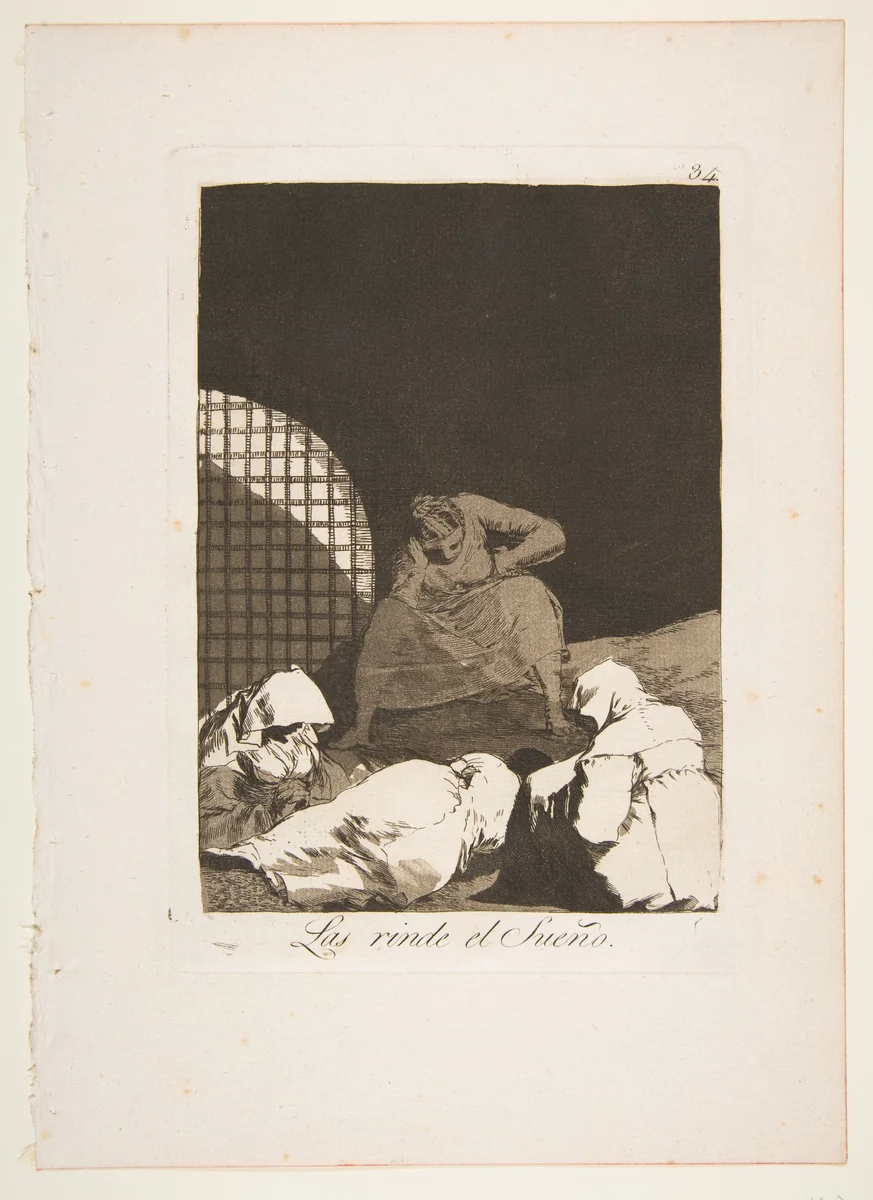 Plate 34 from "Los Caprichos": Sleep overcomes them (Las rinde el Sueño) by Goya, print, 1799