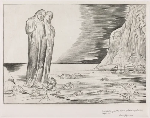The Circle of the Traitors; Dante's Foot Striking Bocca degli Abbate by William Blake, print, 1827