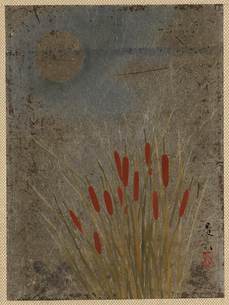 Cat Tails and Moon by Shibata Zeshin (柴田是真), painting, 1807-1868